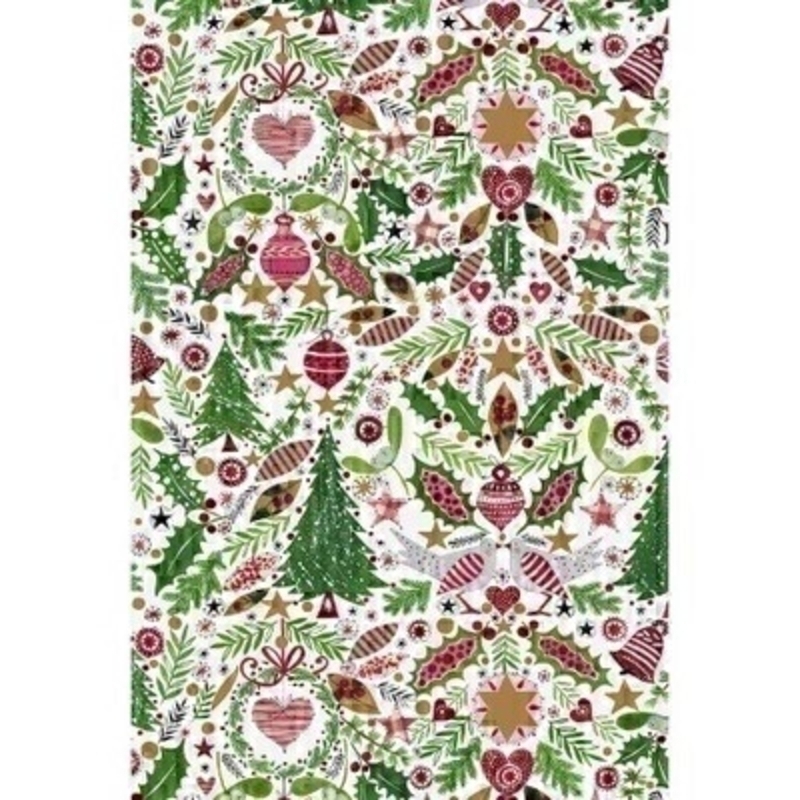 Beautiful wrapping paper decorated with a traditional red and green Christmas scene including trees birds bells holly and hearts. Approx size 2m